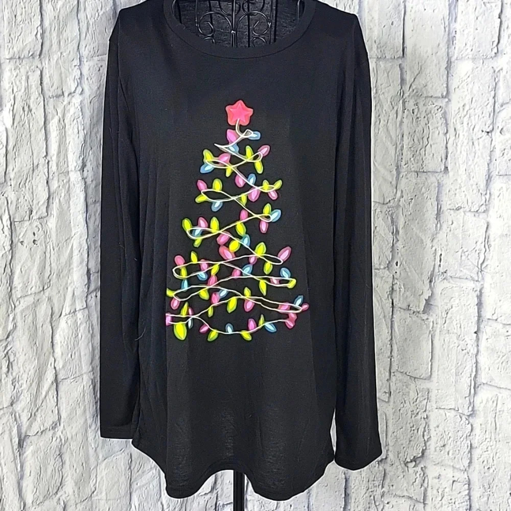 NO BRAND Black Multicolored Christmas Tree Shirt XL